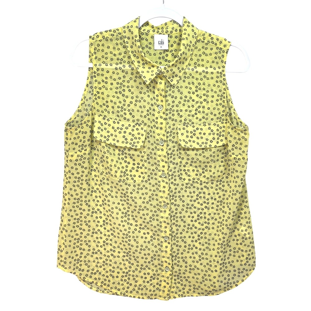 Cabi Sleeveless Button Top Blouse Womens M Floral Ditsy Floral Sheer Pockets